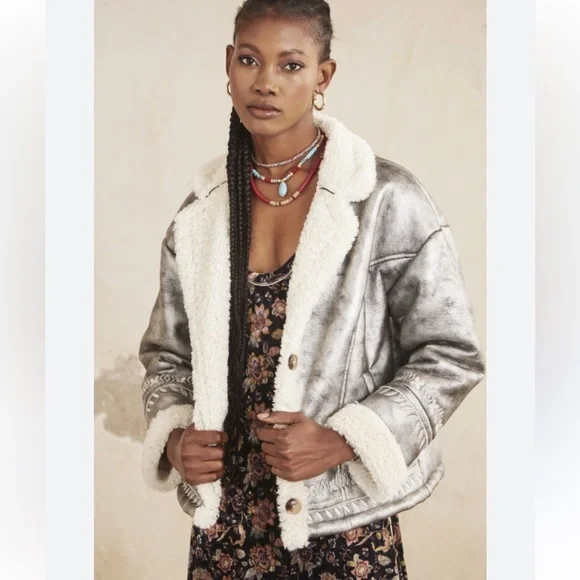 NKN Nekane Gaia Silver Faux Leather Embroidered Aviator Bomber Jacket Small - Picture 12 of 12